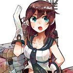  blouse braid breasts brown_hair cannon gloves green_eyes itomugi-kun kantai_collection large_breasts long_hair navel noshiro_(kantai_collection) open_mouth radar solo turret twin_braids white_gloves 
