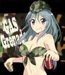  bikini blue_eyes blue_hair breasts camouflage camouflage_bikini camouflage_hat cleavage explosive garrison_cap grenade grin hat highres kyoudou_maya large_breasts sabagebu! smile solo swimsuit tom_(drpow) underboob upper_body 