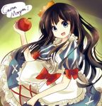  :d apple bison_cangshu black_hair blue_eyes bow crown food fruit german germany head_tilt holding long_hair looking_at_viewer marchen open_mouth schneewittchen sketch smile solo sound_horizon translated 