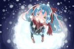  aqua_hair bad_id bad_pixiv_id black_legwear blurry brown_gloves brown_hair covering_mouth depth_of_field detached_sleeves from_above gloves green_eyes hands_together hatsune_miku kinokoko-kino long_hair looking_at_viewer looking_up pleated_skirt red_scarf scarf skirt snowing solo twintails vocaloid 