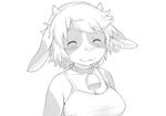  :3 anthro bell big_breasts black_an_white bovine breasts cattle clothed clothing collar cowbell ear_piercing eyes_closed female fur greyscale hair horn kikurage mammal monochrome piercing plain_background shirt short_hair solo spec: tank_top ushi white_background 