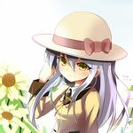  angel_beats! bison_cangshu bow flower green_eyes hat hat_bow long_hair looking_at_viewer school_uniform silver_hair smile solo sun_hat tenshi_(angel_beats!) 