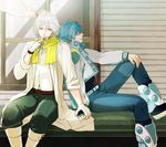  blue_hair boots clear_(dramatical_murder) dramatical_murder flower ghost gloves hand_on_another's_head hiki_yuichi holding_hands jacket multiple_boys scarf seragaki_aoba sitting tears white_hair 
