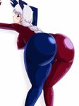  1girl ass bent_over blue_eyes blush bodysuit braid breasts female from_behind hat huge_ass large_breasts latex latex_suit long_hair silver_hair single_braid solo spandex tamakko touhou yagokoro_eirin 