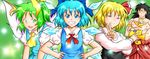  3girls black_hair blonde_hair blue_eyes blue_hair bracelet broly cirno crossed_arms crossover daiyousei double_v dragon_ball dragon_ball_z fairy_wings green_eyes green_hair grin hair_ornament hair_ribbon happy ice ice_wings jewelry long_hair long_sleeves multiple_girls muscle necklace ohoho open_mouth puffy_short_sleeves puffy_sleeves red_eyes ribbon rumia short_hair short_sleeves side_ponytail smile spiked_hair touhou v vest wings 