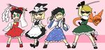  3boys ? black_hair blonde_hair blue_eyes bow cosplay crossdressing davesprite detached_sleeves dirk_strider dual_wielding glasses gohei green_eyes gun hair_bow hair_ornament hair_ribbon hair_tubes hairband hakurei_reimu hakurei_reimu_(cosplay) hat holding homestuck jake_english jane_crocker kirisame_marisa kirisame_marisa_(cosplay) kochiya_sanae kochiya_sanae_(cosplay) konpaku_youmu konpaku_youmu_(cosplay) lowres midriff mihirahira multiple_boys multiple_girls pink_eyes ribbon roxy_lalonde short_hair skirt skull_hair_ornament smile sunglasses sword touhou trait_connection weapon witch_hat 