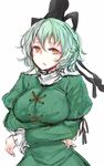  breast_rest breasts chestnut_mouth crossed_arms dress frilled_sleeves frills ghost green_dress green_hair hat large_breasts long_sleeves looking_at_viewer nyakonro_(nekonro) puffy_long_sleeves puffy_sleeves short_hair sketch soga_no_tojiko solo_focus tate_eboshi touhou turtleneck yellow_eyes 