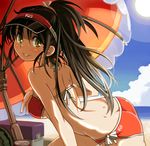  bail bare_shoulders beach bikini black_hair brown_eyes day dimples_of_venus food fruit long_hair looking_at_viewer lowres one_side_up original parasol red_bikini smile solo swimsuit umbrella visor_cap watermelon 