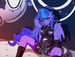  anthro anthrofied arm_up balls bedroom bedroom_eyes blue_eyes blue_fur blue_hair blush breasts clothing cum dickgirl equine feathers friendship_is_magic fur gloves hair half-closed_eyes hi_res horn inside intersex long_hair looking_at_viewer magic mammal my_little_pony nipples penis presenting princess_luna_(mlp) rubber shadow sitting smile solo spread_legs spreading torn_clothing winged_unicorn wings xorza 