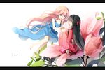  :d bison_cangshu black_hair blue_dress bow closed_eyes dress flower hair_bow hair_ornament hair_ribbon holding_hands japanese_clothes kimono letterboxed long_hair multiple_girls open_mouth original pink_hair ribbon sitting smile very_long_hair 