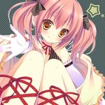  ankle_lace-up bow choker cross-laced_footwear earrings hair_bow hair_ornament hair_ribbon izumiyuhina jewelry looking_at_viewer original pink_hair reaching ribbon ribbon_choker smile solo twintails yellow_eyes 