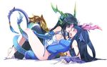  absurdres black_hair blue_eyes breasts china_dress chinese_clothes dragon_girl dragon_horns dragon_tail dress dual_persona head_fins highres horns karin_(p&amp;d) large_breasts long_hair long_legs lying lying_on_person medium_breasts multiple_girls ohland on_back open_mouth pantyhose puzzle_&amp;_dragons selfcest tail yuri 