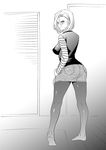  android_18 ass bad_id bad_pixiv_id blush breasts denim denim_skirt dragon_ball dragon_ball_z from_behind greyscale looking_back medium_breasts monochrome ookami_ryousuke pantyhose pointy_breasts shiny shiny_clothes shirt short_hair skirt solo striped striped_shirt 