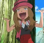  1girl :d animated animated_gif blue_eyes brown_hair cosplay female laughing lowres musashi_(pokemon) open_mouth pink_hat pokemon pokemon_(anime) pokemon_(game) pokemon_xy serena_(pokemon) serena_(pokemon)_(cosplay) smile solo team_rocket 
