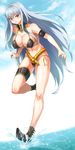  armband beach bikini blush breasts cleavage covered_nipples highres large_breasts long_hair navel outdoors red_eyes running selvaria_bles senjou_no_valkyria senjou_no_valkyria_1 serin199 shoes silver_hair solo sweat swimsuit very_long_hair water 