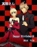  1girl ahoge blonde_hair blue_eyes blush boutonniere champagne_flute checkered checkered_background cup detached_sleeves dress drinking_glass eleonore_kliesen flower formal happy_birthday housen_natsuki lars_alexandersson necktie red_dress rose short_hair spiked_hair strapless strapless_dress suit tekken tiara 