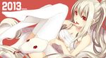  2013 artist_name bison_cangshu breasts cleavage dated long_hair looking_at_viewer medium_breasts original ponytail red_eyes sarashi silver_hair snake tongue tongue_out underboob white_legwear white_snake 