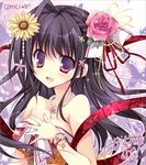  :d bad_id bad_pixiv_id black_eyes black_hair braid breasts cleavage flower hair_flower hair_ornament hand_on_own_chest jewelry long_hair looking_at_viewer medium_breasts nanaroba_hana necklace open_mouth original shawl signature single_hair_intake smile solo 