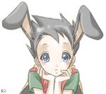  1boy animal_ears batman_(series) blue_eyes bunny_ears cape dc_comics dick_grayson lowres male male_focus rikojasmine robin_(dc) short_sleeves solo 