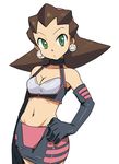  alternate_costume bare_shoulders breasts brown_hair cleavage cleavage_cutout collarbone earrings elbow_gloves gloves green_eyes groin hair_pulled_back hairband halter_top halterneck hand_on_hip jewelry looking_at_viewer midriff miniskirt muu_(mumumer) navel pink_hairband race_queen rockman rockman_dash short_hair simple_background skirt small_breasts solo standing tron_bonne white_background 