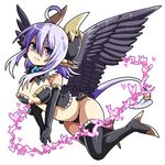  ahoge black_legwear blush breasts demon_girl demon_horns demon_tail elbow_gloves eteru_(mofuaki) eyebrows feathered_wings gloves heart horns large_breasts mofuaki original purple_eyes purple_hair simple_background solo tail thighhighs white_background wings 