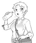  bag belt belt_buckle between_breasts blush bottle breasts buckle dress_shirt greyscale hot medium_breasts monochrome original shirt short_hair solo strap_cleavage sweat tsukudani_(coke-buta) tsurime tsurime-chan water_bottle wet wet_clothes wet_shirt 