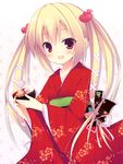  :d blonde_hair bow bowl food hair_bow hair_ornament hair_ribbon holding izumiyuhina japanese_clothes kimono looking_at_viewer open_mouth original red_eyes ribbon smile solo twintails zouni_soup 