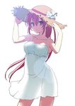  a1_(orii_eichi) bad_id bad_pixiv_id bare_shoulders blush dress free! hands_on_headwear hat long_hair matsuoka_gou ponytail red_eyes red_hair see-through_silhouette solo sun_hat sundress white_dress 
