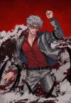  1boy akagi:_yami_ni_oritatta_tensai belt black_belt buttons clenched_hand collared_shirt commentary cowboy_shot fukumoto_mahjong grey_hair grey_jacket grey_pants hair_slicked_back highres hirayama_yukio jacket long_sleeves looking_down male_focus ocean open_clothes open_jacket open_mouth pants partially_submerged pectoral_cleavage pectorals red_background red_eyes red_shirt shirt short_hair solo ssom_omo standing striped striped_jacket striped_pants suit sunglasses vertical-striped_jacket vertical-striped_pants vertical_stripes waves 