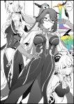  3girls ahoge bare_shoulders bell bird bodystocking bodysuit braid braided_ponytail breasts china_dress chinese_clothes cloud_retainer_(genshin_impact) colored_inner_hair crane_(animal) detached_sleeves dress earrings elbow_gloves feather_hair_ornament feathers ganyu_(genshin_impact) genshin_impact glasses gloves greyscale hair_ornament hair_over_one_eye high_ponytail highres hip_vent horns jewelry large_breasts long_hair looking_at_viewer looking_back monochrome multicolored_hair multiple_girls pantyhose partially_fingerless_gloves shenhe_(genshin_impact) sidelocks smile spot_color swept_bangs syatey tabard tassel tassel_earrings thighs two-tone_hair very_long_hair wide_sleeves xianyun_(genshin_impact) 
