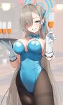  1girl absurdres animal_ears asuna_(blue_archive) asuna_(bunny)_(blue_archive) auui bare_shoulders black_pantyhose blue_archive blue_bow blue_bowtie blue_eyes blue_halo blue_leotard blurry blurry_background blush bow bowtie breasts brown_hair champagne_flute cleavage commentary cowboy_shot cup detached_collar drinking_glass fake_animal_ears gloves hair_over_one_eye halo hands_up highleg highleg_leotard highres holding holding_cup holding_tray large_breasts leotard long_hair looking_at_viewer official_alternate_costume pantyhose parted_bangs rabbit_ears smile strapless strapless_leotard tray white_gloves 