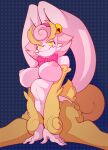 absurd_res anthro areola backup4now bell big_breasts big_ears breasts female fluffy fur hair hi_res lagomorph leporid looking_at_viewer mammal nipples nude pink_areola pink_body pink_fur pink_hair pink_nipples rabbit ribbons sitting smile solo tory_(backup4now) yellow_body yellow_eyes yellow_fur