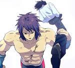  bad_id bad_pixiv_id character_request clenched_hands collarbone copyright_request dragging leg_grab male_focus multiple_boys muscle no_nipples open_mouth scar shirtless shorts simple_background t_k_g upper_body white_background 