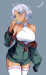  1girl ahoge aona_(anagasaki) bare_shoulders breasts candy collarbone dark-skinned_female dark_skin food green_eyes green_jacket grey_background grey_hair gundam gundam_suisei_no_majo highres holding holding_candy holding_food holding_lollipop jacket large_breasts lollipop off_shoulder secelia_dote short_hair simple_background solo thighhighs thighs white_thighhighs 