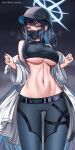  1girl bare_shoulders belt black_belt black_shirt blue_archive blue_eyes blue_hair blue_pants coat commentary_request cowboy_shot crop_top highres leggings long_hair long_sleeves looking_at_viewer mask midriff mouth_mask navel off_shoulder open_clothes open_coat pants saori_(blue_archive) shirt sleeveless sleeveless_shirt solo standing stomach thighs very_long_hair white_coat wonnikon 