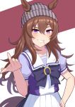  1girl animal_ears beanie bow bowtie brown_hair ears_through_headwear grey_headwear hair_between_eyes hand_on_own_hip hat highres horse_ears horse_girl horse_tail horseshoe_ornament index_finger_raised long_hair looking_at_viewer missan_sun nakayama_festa_(umamusume) pleated_skirt puffy_short_sleeves puffy_sleeves purple_bow purple_bowtie purple_eyes purple_serafuku purple_shirt sailor_collar sailor_shirt school_uniform serafuku shirt short_sleeves skirt solo tail tracen_school_uniform umamusume white_skirt 