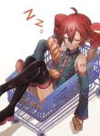  1girl ahoge baguette boots bread closed_eyes collared_shirt detached_sleeves drill_hair food highres holding holding_food ianxy2 in_shopping_cart kasane_teto long_sleeves parted_lips red_hair shirt shopping_cart sleeping sleeveless sleeveless_shirt solo thigh_boots twin_drills utau zzz 