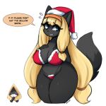 1:1 2023 anthro big_breasts bikini blonde_hair blue_eyes bodily_fluids breasts christmas christmas_bikini christmas_clothing christmas_headwear clothing dialogue english_text female generation_3_pokemon hair hand_on_chest hat headgear headwear hi_res holidays i_am_kat95 long_hair looking_at_viewer nintendo pokemon pokemon_(species) santa_hat snorunt solo sweat sweatdrop swimwear text thick_thighs wide_hips