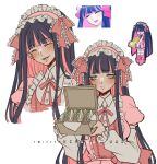  1girl artist_name black_hair blue_eyes blunt_bangs closed_eyes collared_shirt colored_inner_hair criis-chan derivative_work dress food long_hair looking_at_viewer lunchbox maid_headdress multicolored_hair multiple_views necktie open_mouth panty_&amp;_stocking_with_garterbelt pink_dress pink_hair pink_necktie portrait puffy_short_sleeves puffy_sleeves reference_inset sandwich screencap_redraw shirt short_sleeves simple_background stocking_(psg) twitter_username upper_body watermark white_background white_shirt 