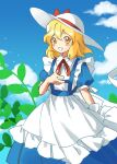  1girl apron back_bow blonde_hair blue_dress blue_sky blush_stickers bow cloud collared_shirt commentary day dress feet_out_of_frame frilled_apron frills hand_on_own_chest hat hat_bow highres kaigen_1025 kana_anaberal looking_ahead medium_dress medium_hair neckerchief open_mouth outdoors plant puffy_short_sleeves puffy_sleeves red_bow red_neckerchief ribbon shirt short_sleeves sky sleeve_ribbon smile solo sun_hat touhou touhou_(pc-98) white_apron white_bow white_headwear white_ribbon white_shirt wide_brim yellow_eyes 