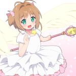  1girl cardcaptor_sakura dress flat_chest green_eyes hair_ribbon highres holding holding_weapon kinomoto_sakura light_brown_hair petals pink_background pink_ribbon puffy_dress puffy_short_sleeves puffy_sleeves ribbon rose_petals shirogane_hakuba short_hair short_sleeves short_twintails solo star_(symbol) star_rod twintails weapon white_dress 