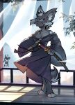 anthro asian_clothing blue_eyes breasts clothed clothing day east_asian_clothing felid feline female fur grey_body grey_fur hi_res japanese_clothing japanese_sword light mammal manolonart melee_weapon ronin samurai solo sunlight sword warrior weapon