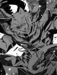  1boy animal_ears bara commentary_request fangs feathered_wings furry furry_male glowing glowing_eyes green_eyes greyscale highres jaguar_boy jaguar_ears jaguar_tail looking_at_viewer male_focus monochrome nizitaro open_mouth spot_color tail tezcatlipoca_(housamo) tokyo_afterschool_summoners white_background wings 