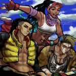  1girl 2boys abs armband ayaki_d bare_pectorals black_eyes black_hair blonde_hair blurry braid breasts chest_tattoo chromatic_aberration commentary_request cropped_jacket dark-skinned_female dark_skin dog_tags dreadlocks earphones fingerless_gloves gloves handheld_game_console highres jamie_siu kimberly_jackson long_hair luke_sullivan multiple_boys nintendo_switch open_mouth pectorals playing_games purple_bandana scar scar_across_eye scar_on_arm scar_on_cheek scar_on_face sideboob single_braid sports_bra street_fighter street_fighter_6 tattoo undercut visor_cap watch white_sports_bra wristwatch 