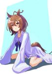  1girl agnes_tachyon_(umamusume) ahoge animal_ears border bow brown_hair chemical_structure coat commentary_request earrings hair_between_eyes harakomeshi highres horse_ears horse_girl horse_tail jewelry lab_coat light_blue_background long_sleeves messy_hair on_ground purple_bow purple_shirt red_eyes sailor_collar school_uniform shirt short_hair single_earring sitting skirt sleeves_past_fingers sleeves_past_wrists solo summer_uniform tail tracen_school_uniform umamusume wariza white_border white_coat white_skirt 