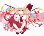  1girl bad_id bad_pixiv_id black_footwear blonde_hair collared_shirt flandre_scarlet frilled_skirt frills full_body hair_between_eyes hat katakura_nayuuki long_hair looking_at_viewer mary_janes mob_cap multicolored_wings one_side_up pink_background puffy_short_sleeves puffy_sleeves red_eyes red_skirt red_vest shirt shoes short_sleeves simple_background skirt socks solo stuffed_animal stuffed_toy teddy_bear touhou vest white_background white_headwear white_shirt white_socks wings 