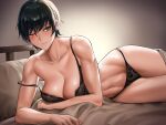  1girl absurdres bed black_hair black_panties blush bra breasts cleavage green_eyes highres jujutsu_kaisen large_breasts lingerie looking_at_viewer lying navel on_bed on_side one_eye_closed panties pillow scar scar_across_eye shiny_skin short_hair sibo underwear underwear_only zen&#039;in_maki 