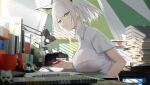  1girl alternate_costume animal_ears arknights book book_stack bra_visible_through_clothes breasts cat_ears desk green_eyes holding holding_pen kal&#039;tsit_(arknights) large_breasts looking_at_viewer omone_hokoma_agm pen shirt short_hair solo white_hair white_shirt 