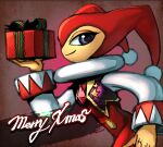  1other androgynous blue_eyes bodysuit box christmas closed_mouth gift gift_box hat holding hungry_clicker jester jester_cap long_sleeves looking_at_viewer merry_christmas nights_(character) nights_into_dreams smile solo vest 