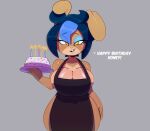 absurd_res apron apron_only birthday birthday_cake blue_hair breasts brown_body cake cleavage clothed clothing dessert female food hair hi_res lagomorph leporid looking_at_viewer makeup mammal nipples nude rabbit solo somescrub text